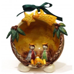 Presepe mezza sfera in ceramica artistica con natività e palme