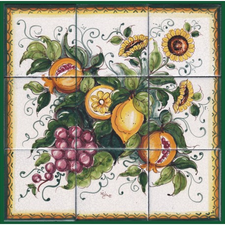 Pannello di Mattonelle in ceramica decoro frutta assortita e girasoli