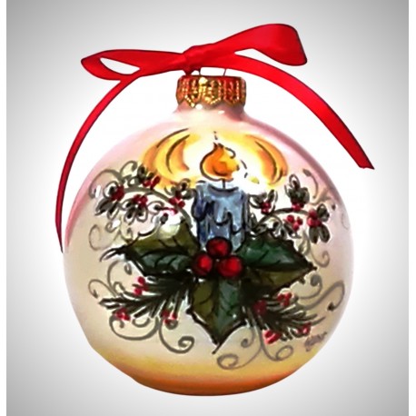  palla di natale piccola in ceramica decorata a mano, decoro "candela - agrifoglio"